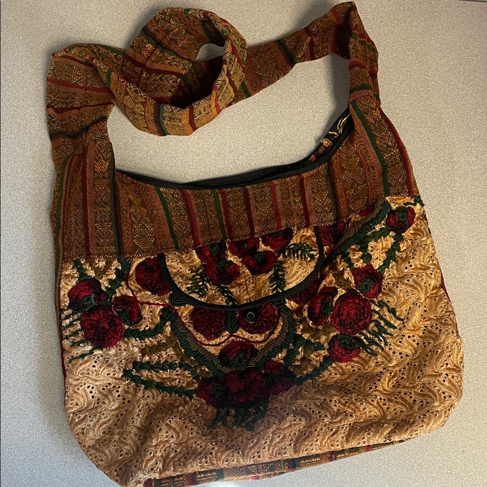 Embroidered Boho Crossbody Bag in Gold, red, green, and orange
